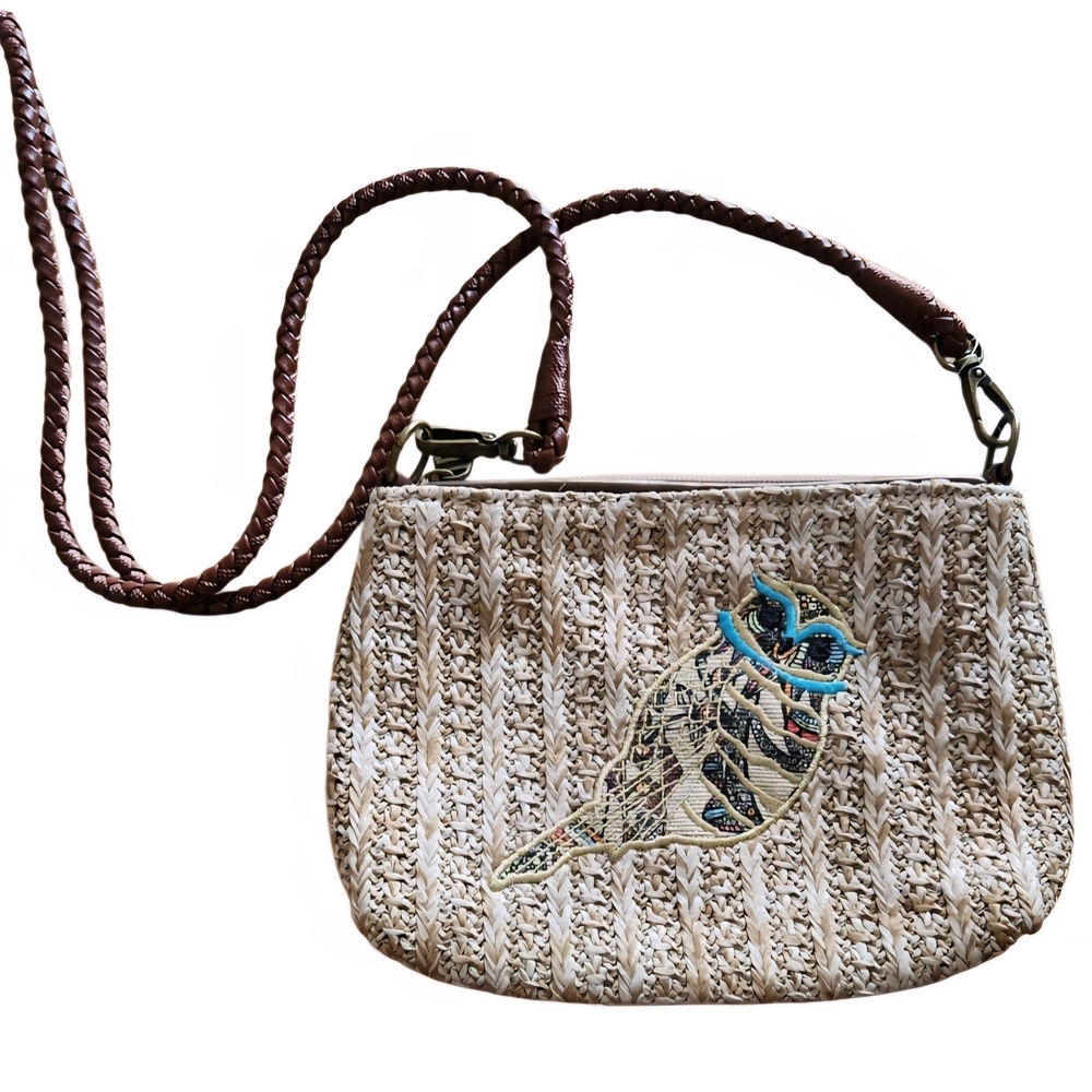 NWT Sakroots Owl Embroidered Straw Crossbody Bag Brown Woven Boho Purse.